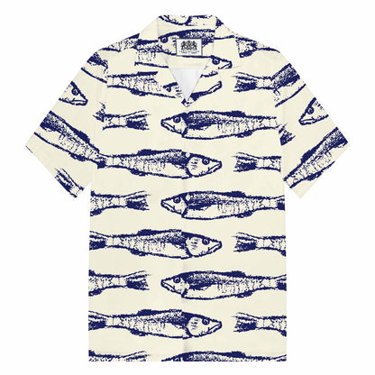Vintage Fish Pattern Prints Camp Collar Short-Sleeved Shirt