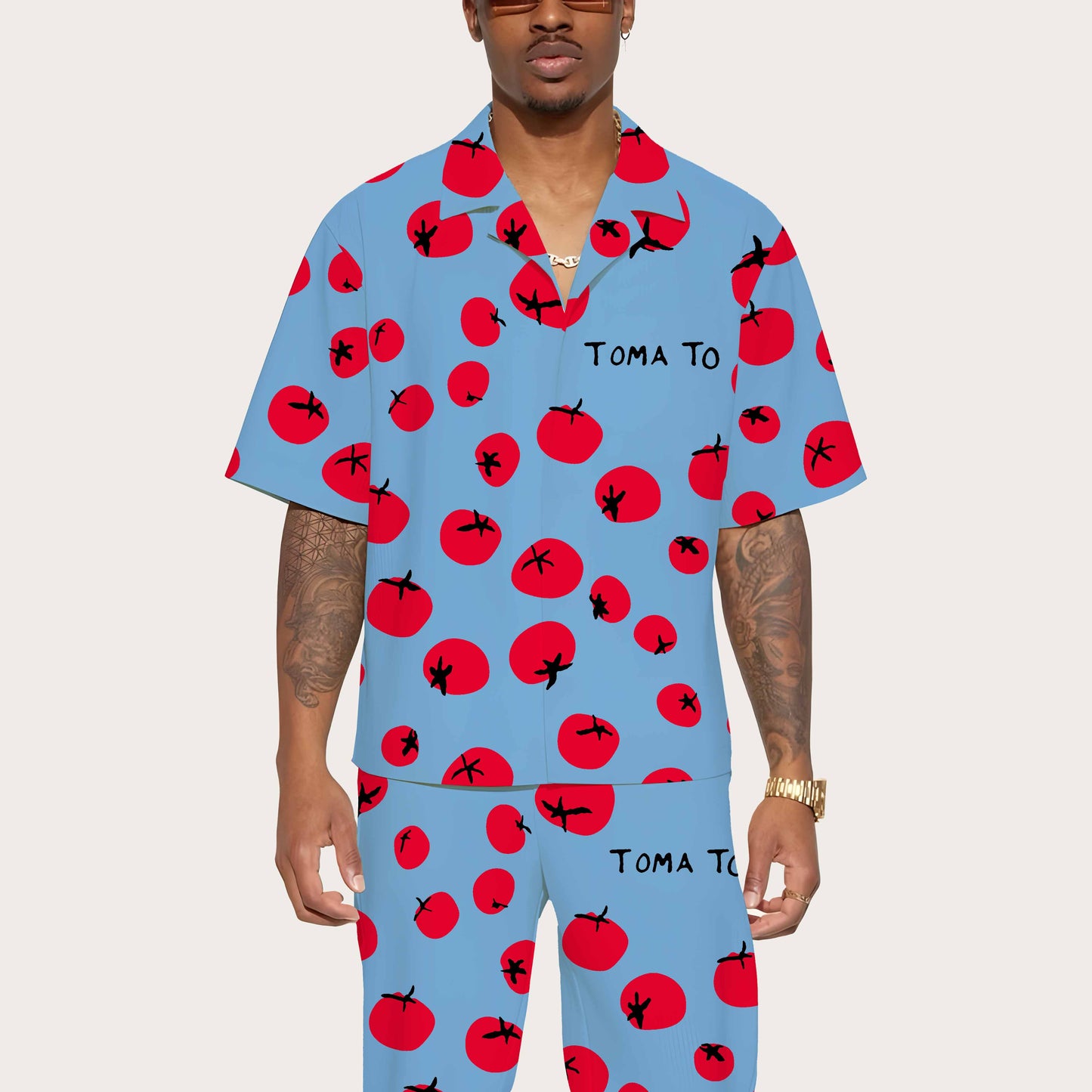 Hand Drawn Tomatoes Pattern Men's Camp Collar Short Sleeve Shirt