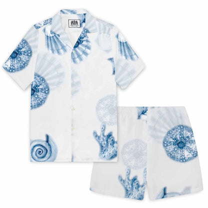 Ocean Blue Shell Print Elastic Waistband Summer Casual Shorts