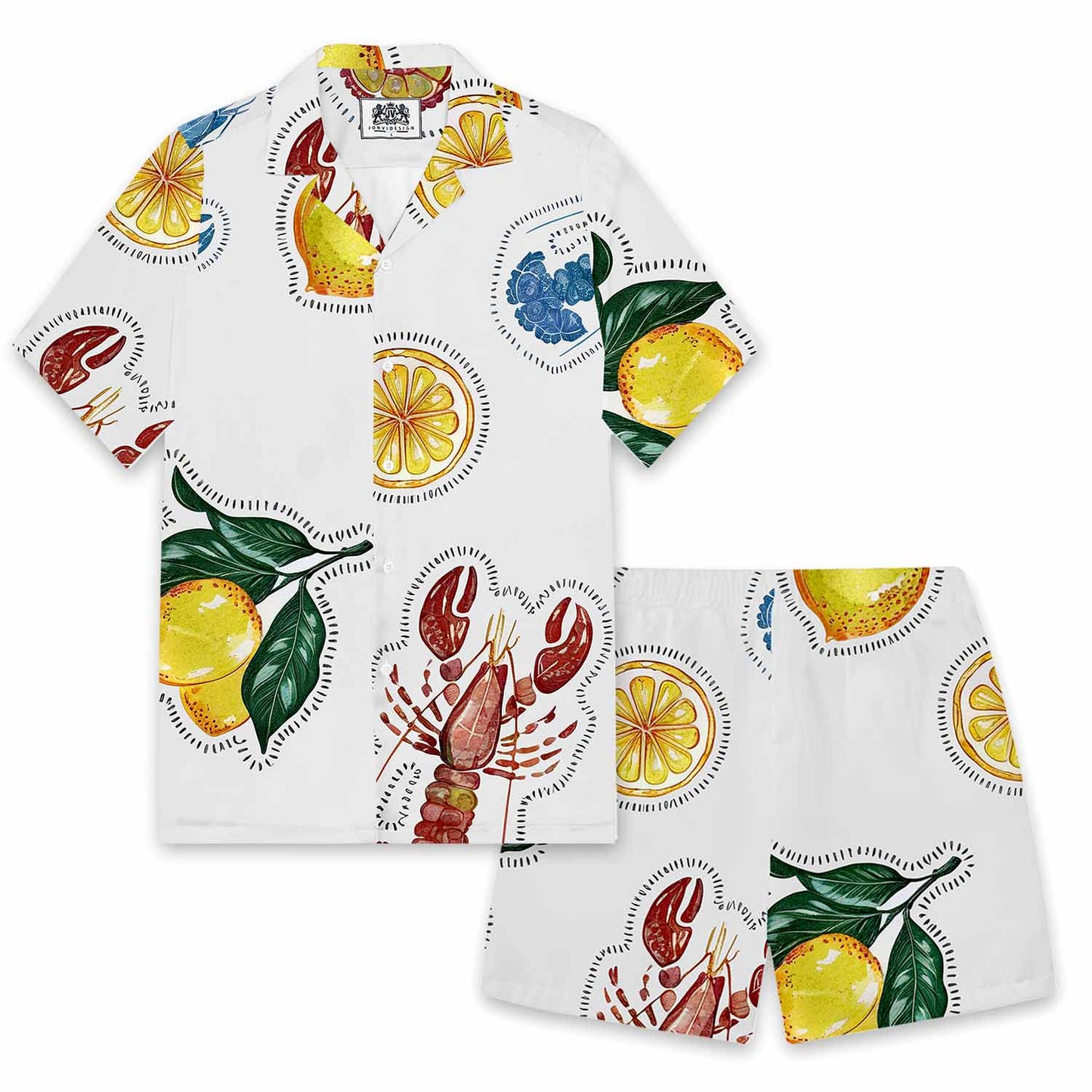 Lobster And Lemon Pattern Elastic Waistband Summer Casual Shorts