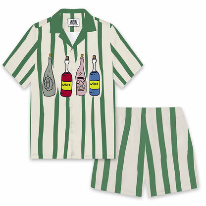 Funny Red Wine Bottle Print Camp Collar Short-Sleeved Shirt