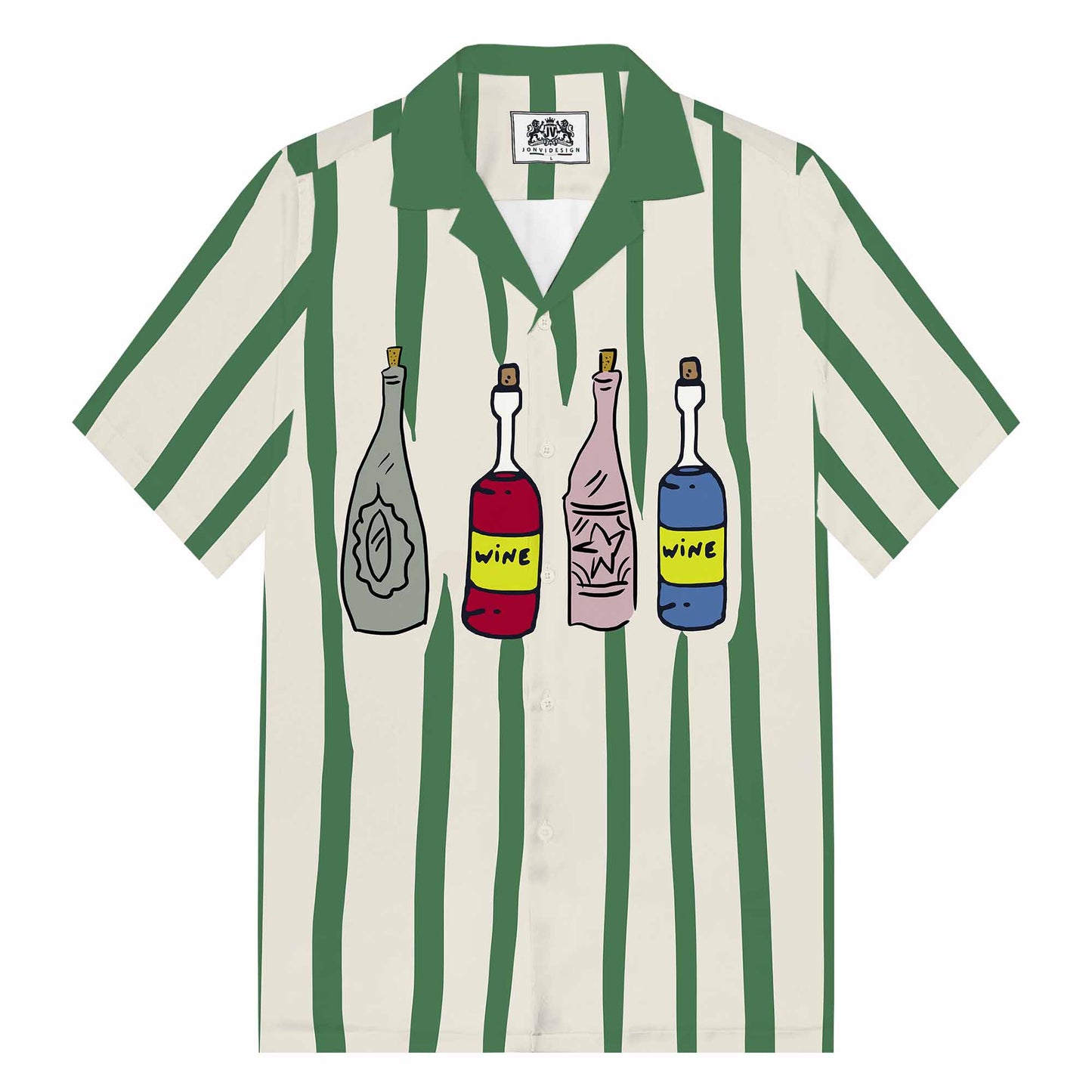 Funny Red Wine Bottle Print Camp Collar Short-Sleeved Shirt