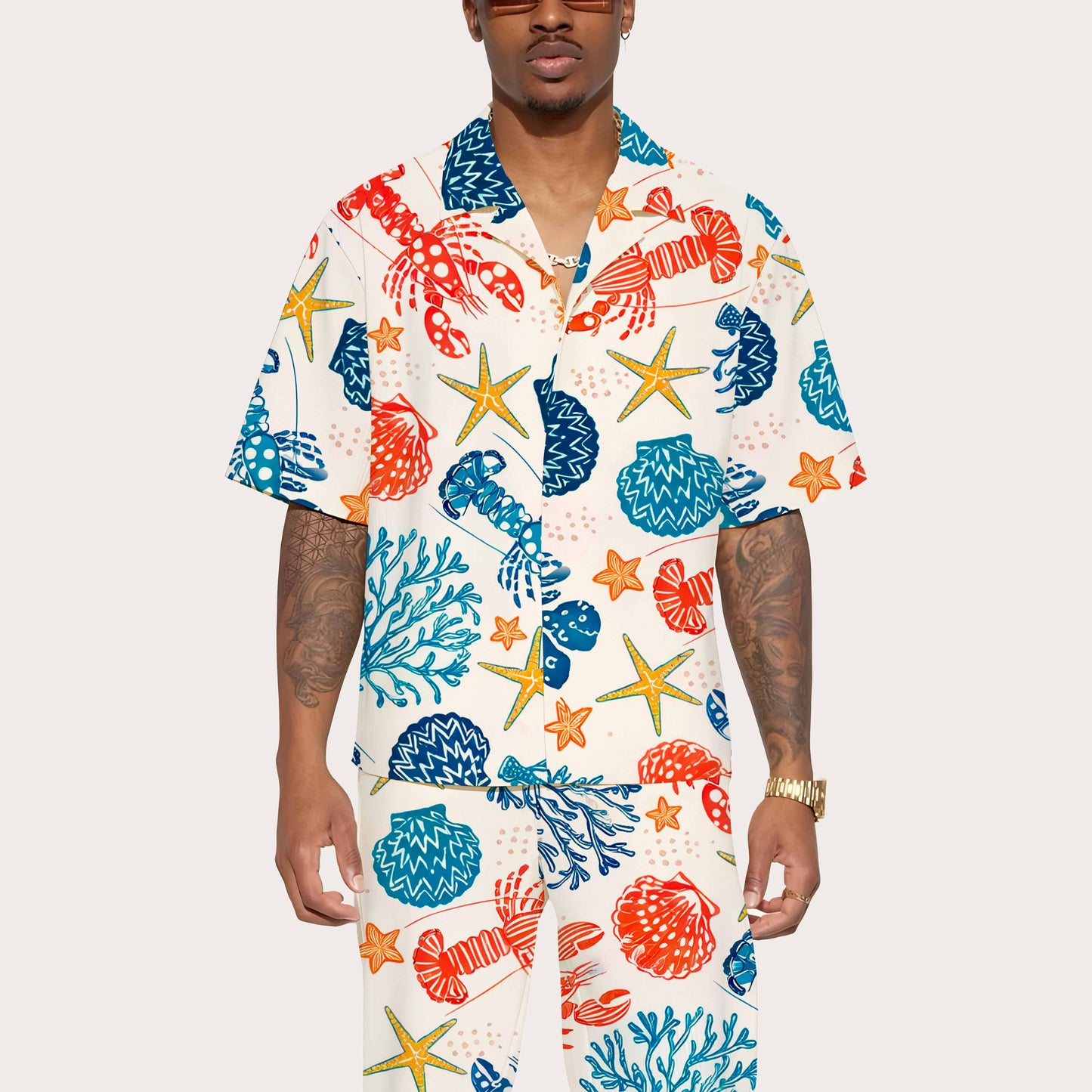 Hawaiian Ocean World Pattern Camp Collar Short-Sleeved Shirt