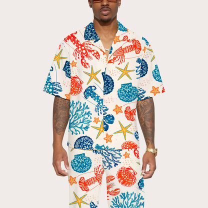 Hawaiian Ocean World Pattern Camp Collar Short-Sleeved Shirt