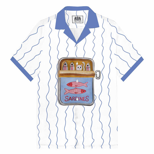 Fun Cat Fish Steak Lined Up Print Camp Collar Short-Sleeved Shirt