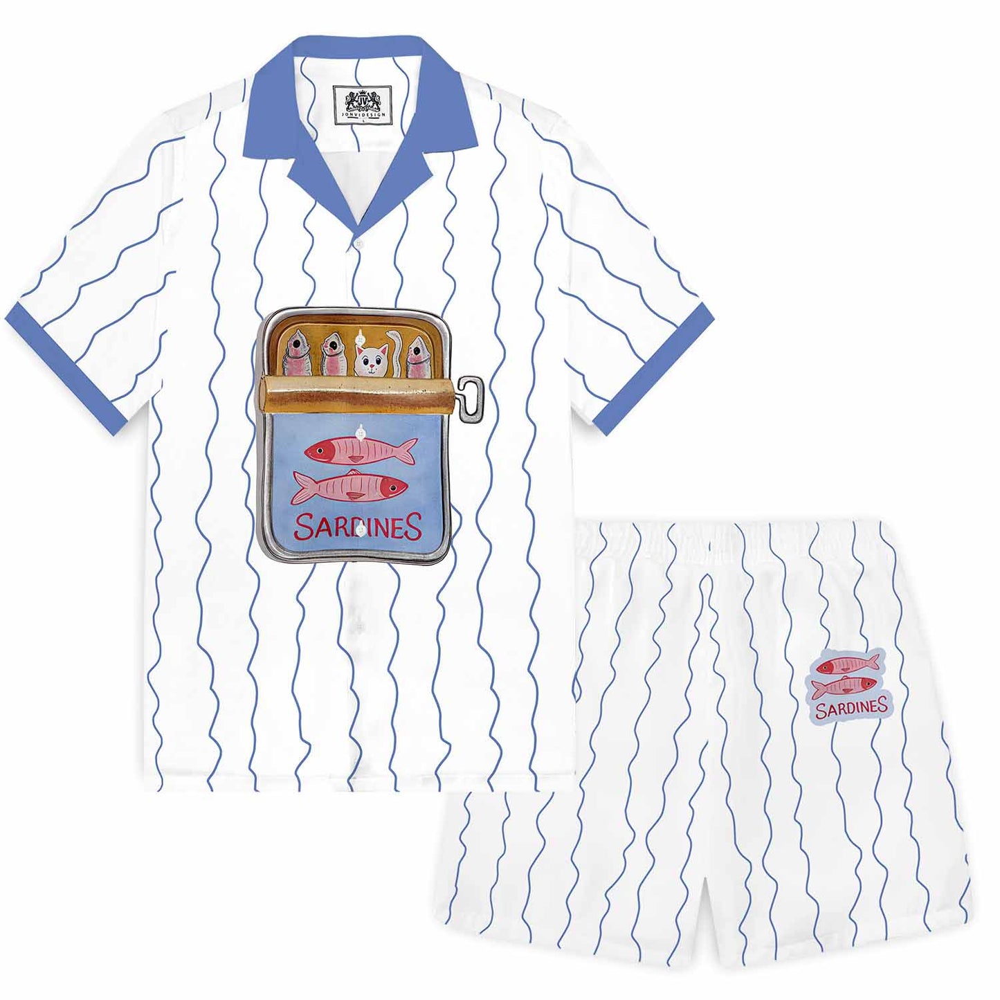 Fun Cat Fish Steak Lined Up Print Elastic Waistband Summer Casual Shorts