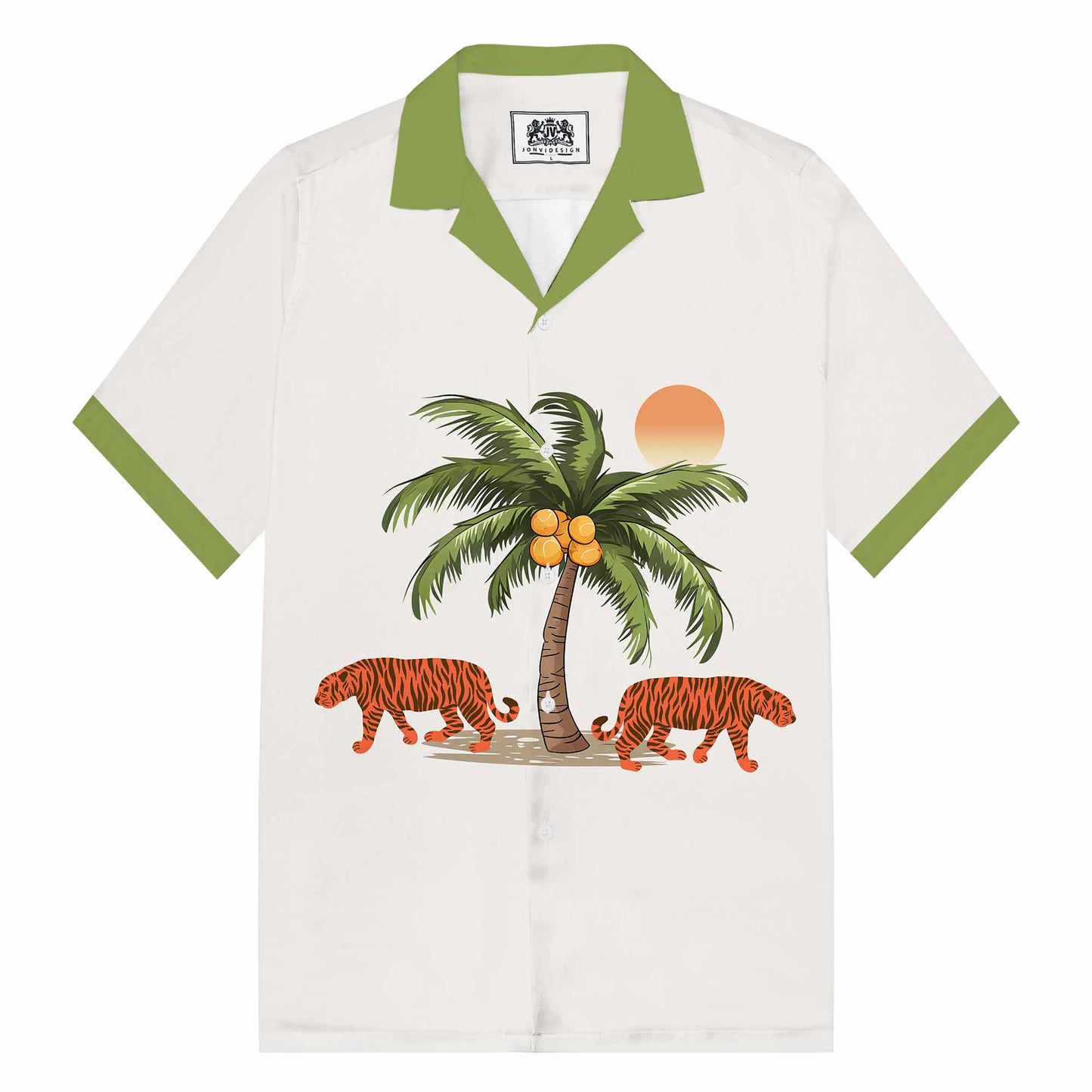 Tropical Coconut Trees & Tiger Print Camp Collar Short-Sleeved Shirt