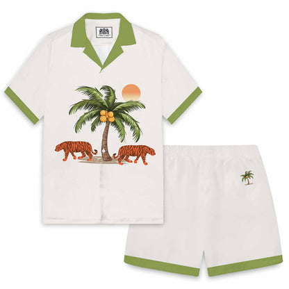 Tropical Coconut Trees & Tiger Print Camp Collar Short-Sleeved Shirt