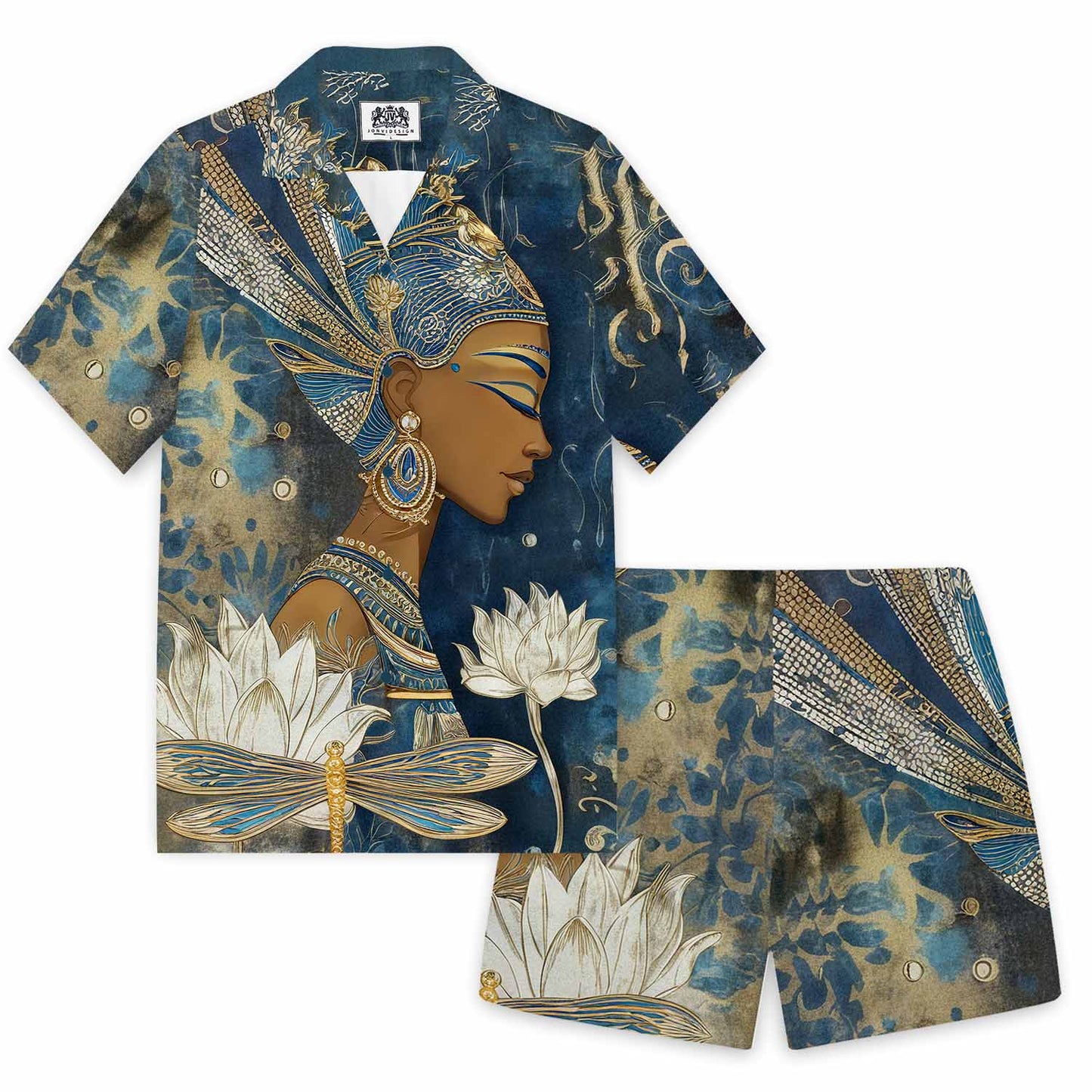 Egyptian Goddess & Dragonfly Floral Pattern Casual Elastic Waist Shorts