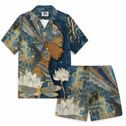 Egyptian Goddess & Dragonfly Floral Pattern Casual Elastic Waist Shorts