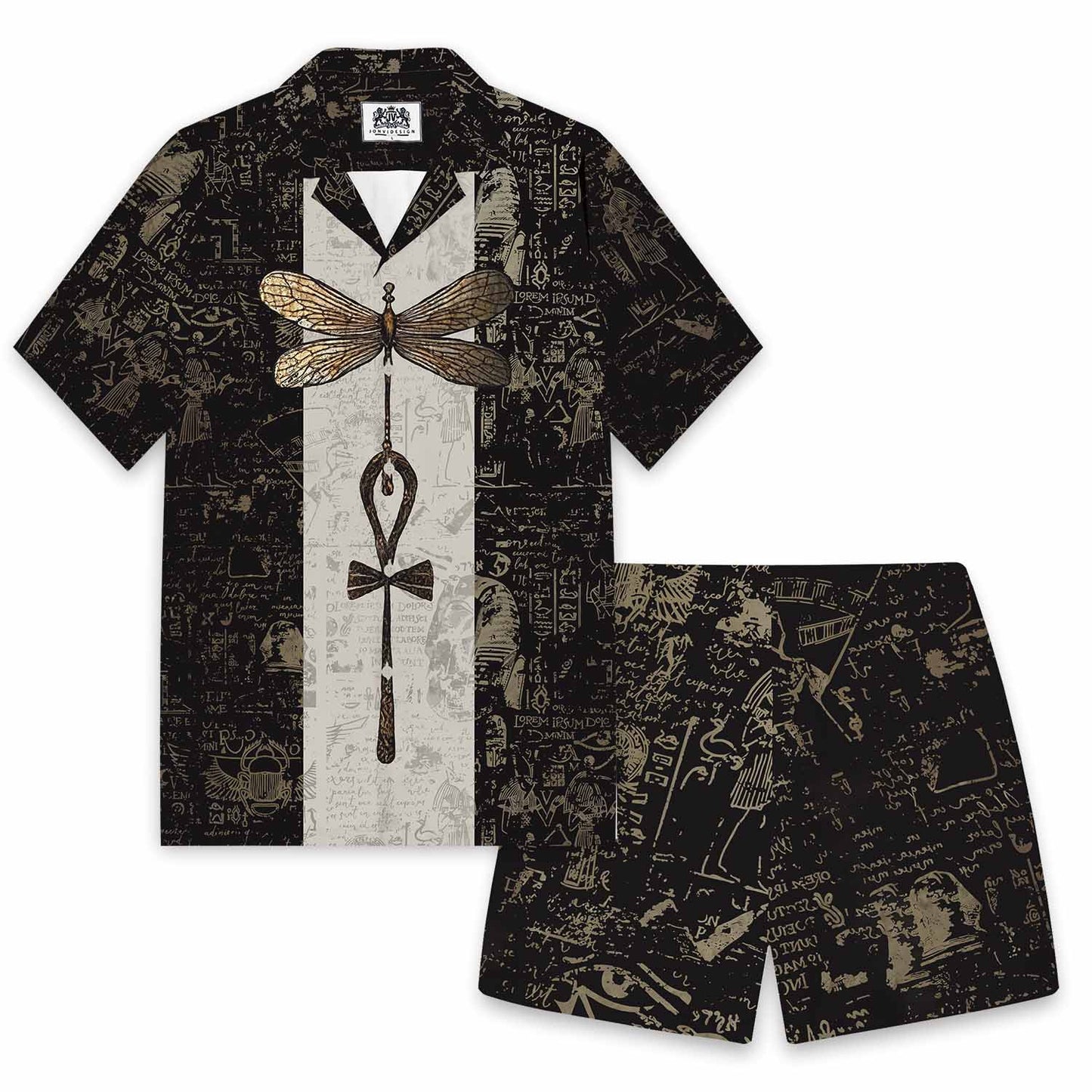 Vintage Egyptian Dragonfly Pattern Casual Elastic Waist Shorts