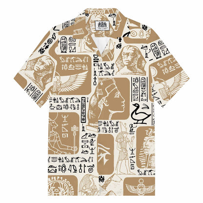 Egyptian Symbols Hieroglyphs Mascots Retro Camp Collar Casual Short Sleeve Shirt