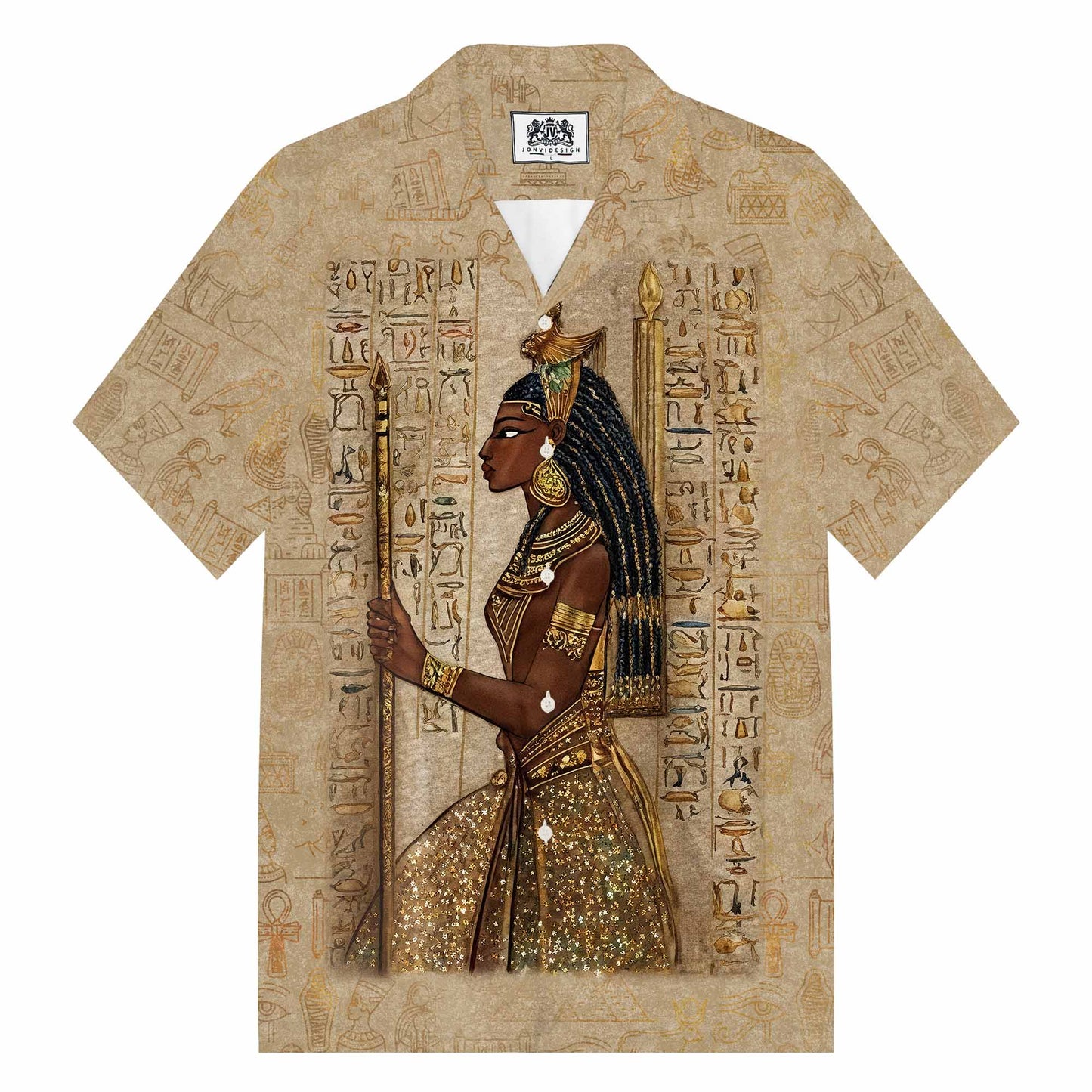 Vintage Ancient Egyptian Goddess Camp Collar Casual Short Sleeve Shirt