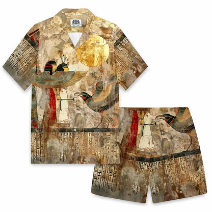 Ancient Egyptian Divine Gods Totem Vintage Camp Collar Casual Short Sleeve Shirt