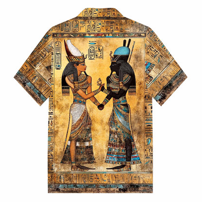 Vintage Egyptian Hieroglyphics & Goddess Isis Pattern Camping Collar Short-Sleeved Shirt