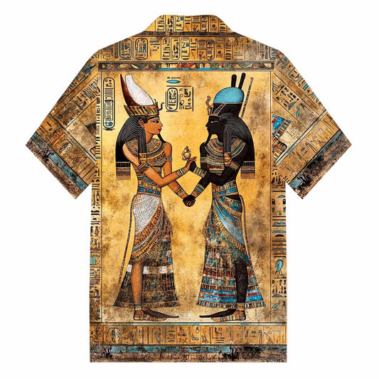 Vintage Egyptian Hieroglyphics & Goddess Isis Pattern Camping Collar Short-Sleeved Shirt