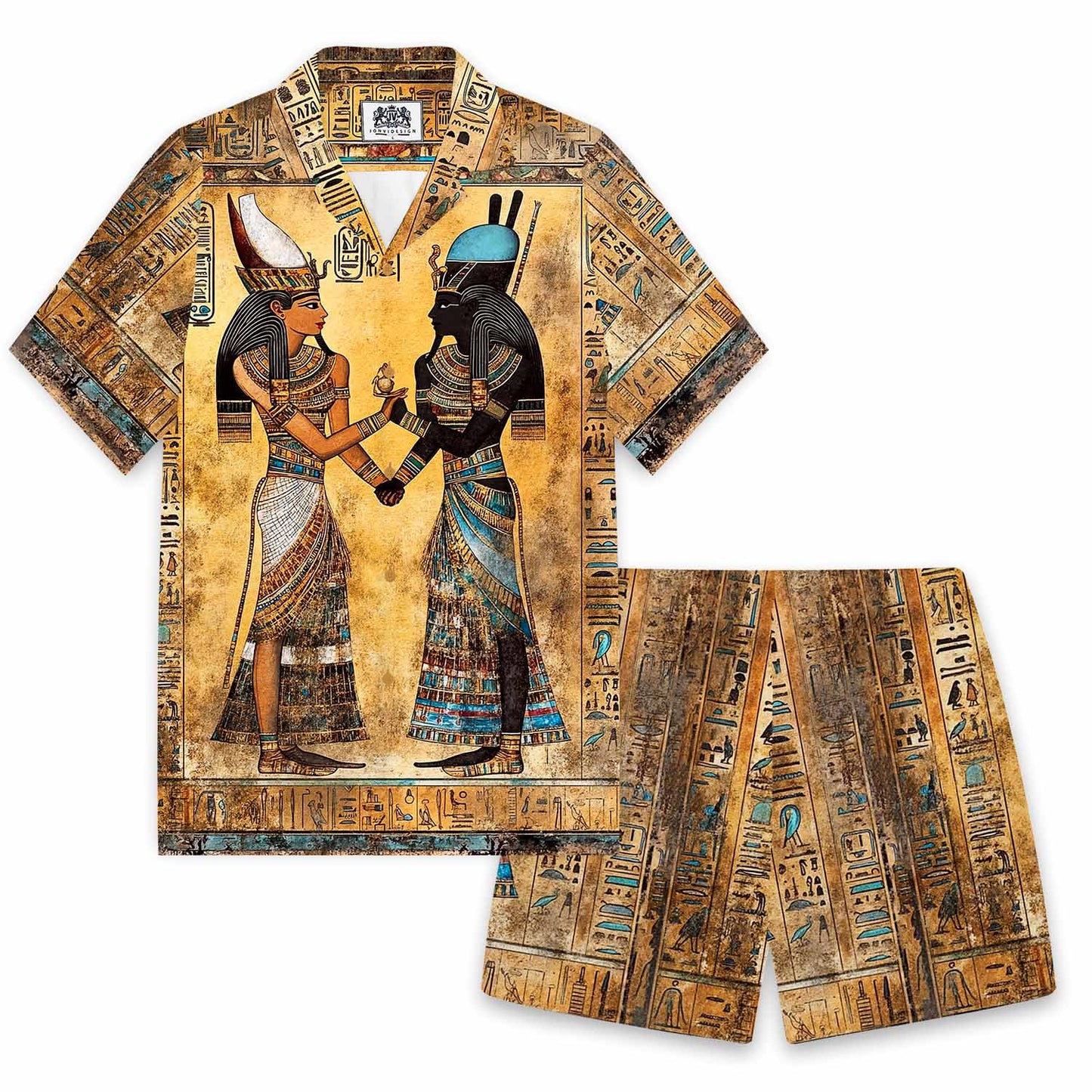 Vintage Egyptian Hieroglyphics & Goddess Isis Pattern Elastic Waist Shorts