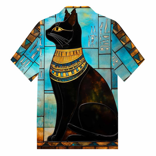 Ancient Egyptian Divine Black Cat Pattern Camp Collar Casual Short Sleeve Shirt