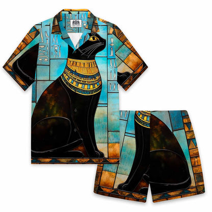 Ancient Egyptian Divine Black Cat Pattern Elastic Waist Shorts