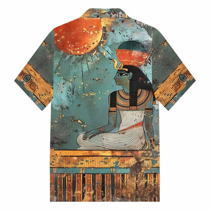 Ancient Egyptian Goddess Fun Vintage Print Camp Collar Short Sleeve Shirt