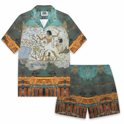 Ancient Egyptian Goddess Fun Vintage Print Camp Collar Short Sleeve Shirt