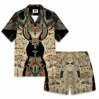 Egyptian Buster Cat Art Print Camp Collar Short Sleeve Shirt