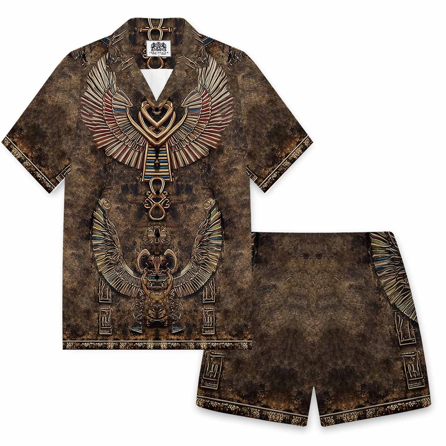 Relief-Style Egyptian Ba Bird Vintage Camp Collar Short Sleeve Shirt