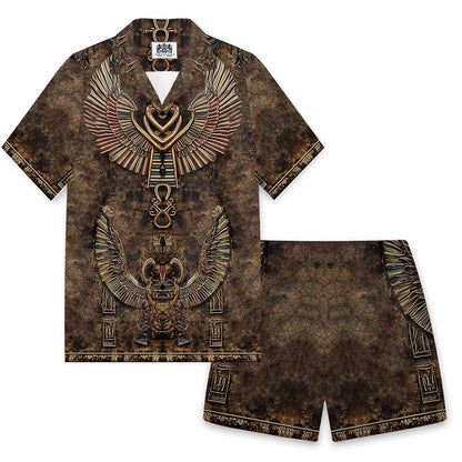 Relief-Style Egyptian Ba Bird Vintage Camp Collar Short Sleeve Shirt