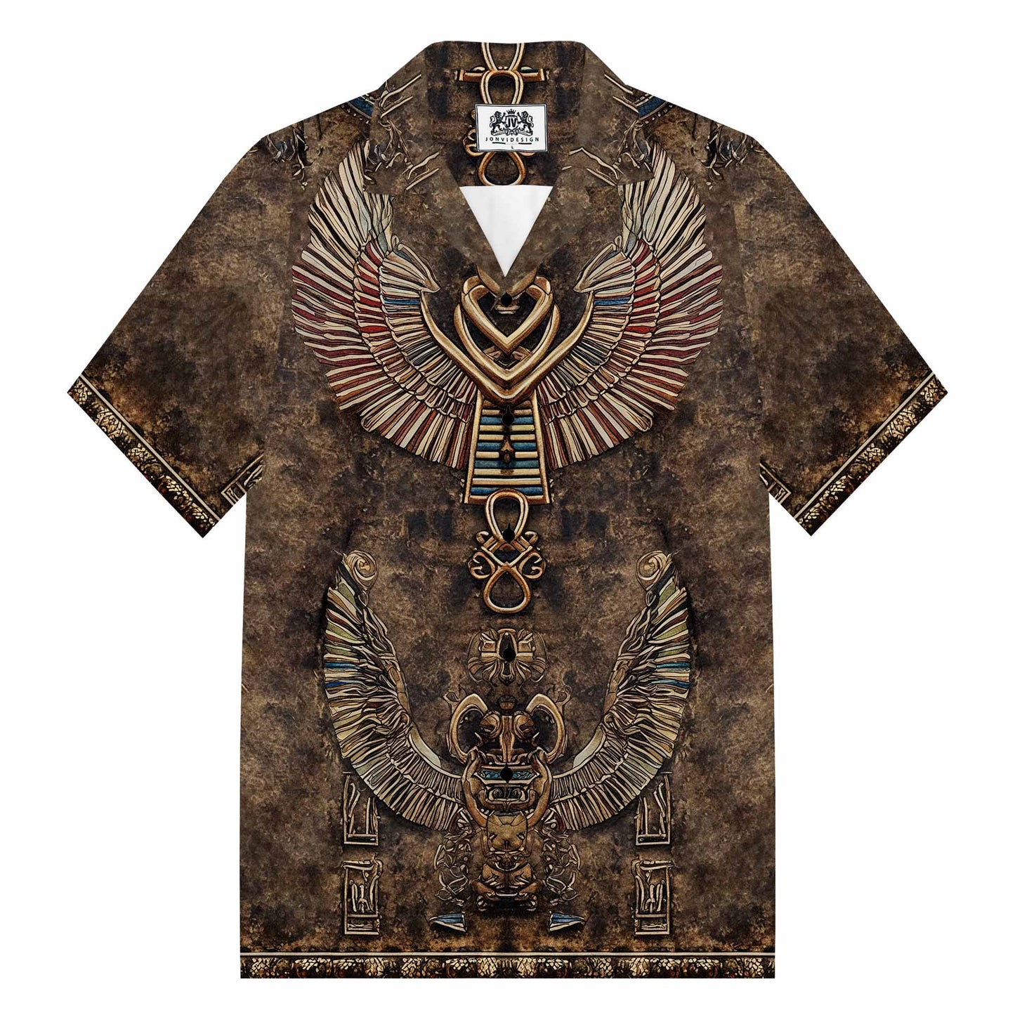 Relief-Style Egyptian Ba Bird Vintage Camp Collar Short Sleeve Shirt