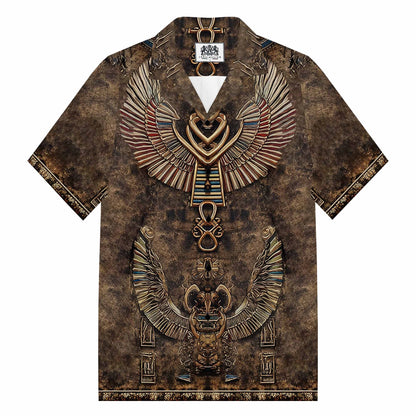 Relief-Style Egyptian Ba Bird Vintage Camp Collar Short Sleeve Shirt