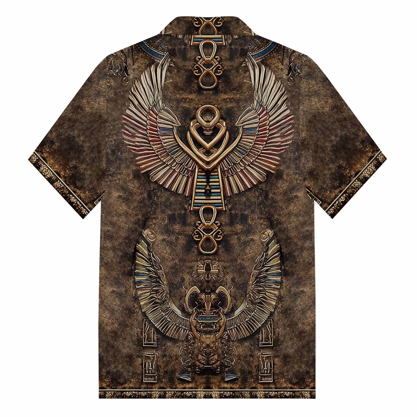 Relief-Style Egyptian Ba Bird Vintage Camp Collar Short Sleeve Shirt