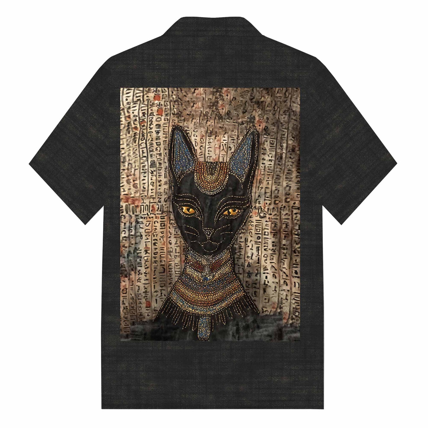 Men's Vintage Egyptian Buster Cat Art Pattern Camp Collar Short Sleeve Shirt