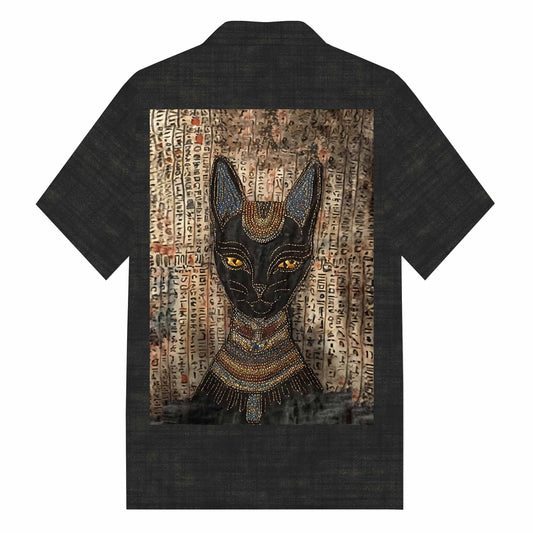 Men's Vintage Egyptian Buster Cat Art Pattern Camp Collar Short Sleeve Shirt