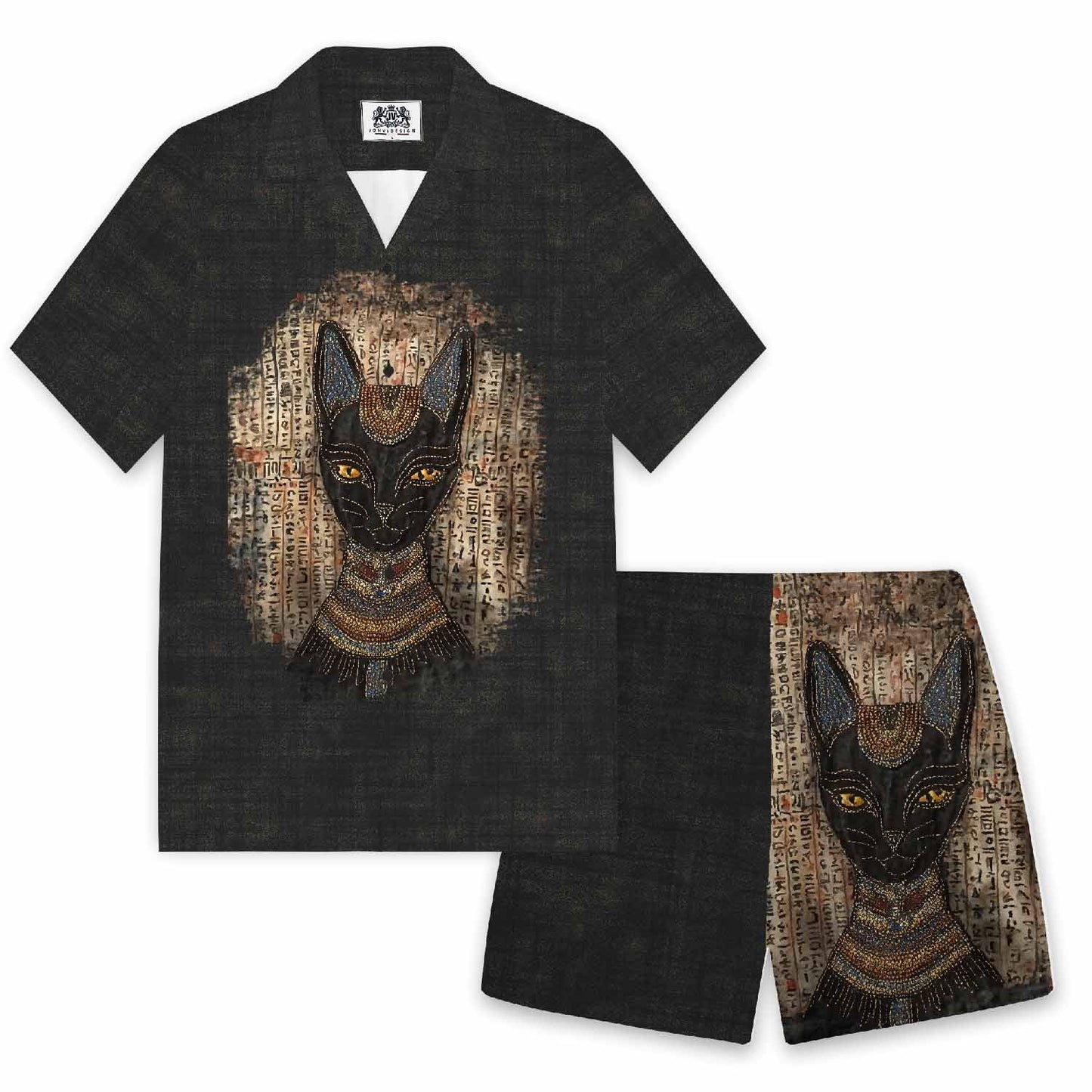 Men's Vintage Egyptian Buster Cat Art Pattern Camp Collar Short Sleeve Shirt