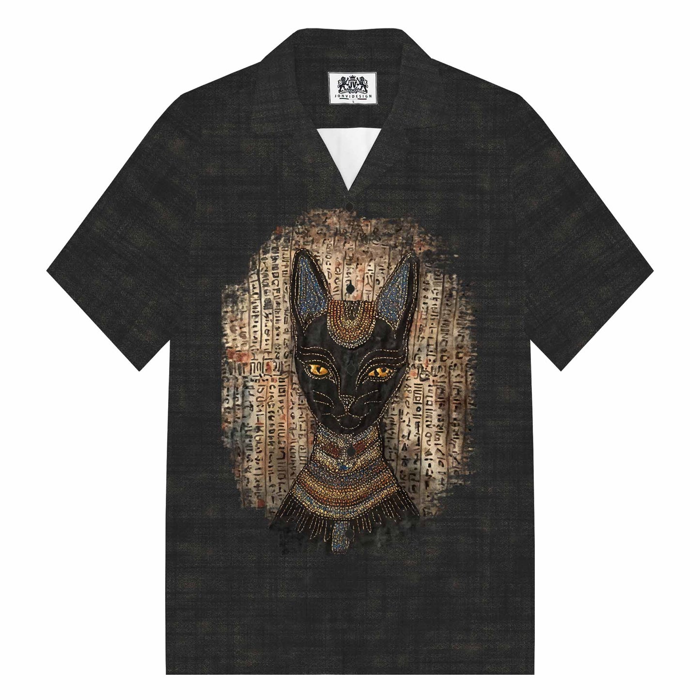 Men's Vintage Egyptian Buster Cat Art Pattern Camp Collar Short Sleeve Shirt