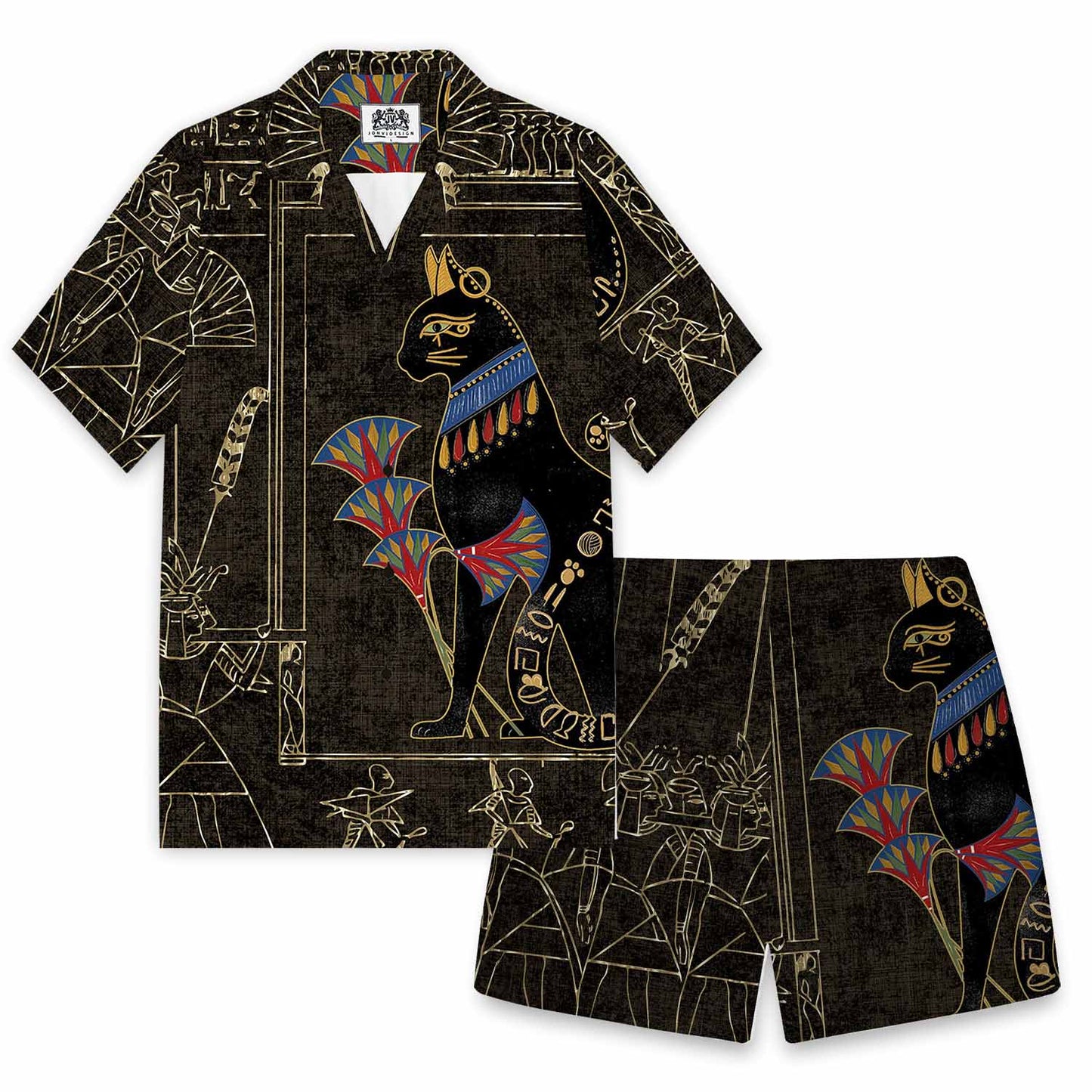 Ancient Egyptian Cat Mysterious Retro Camp Collar Short Sleeve Shirt