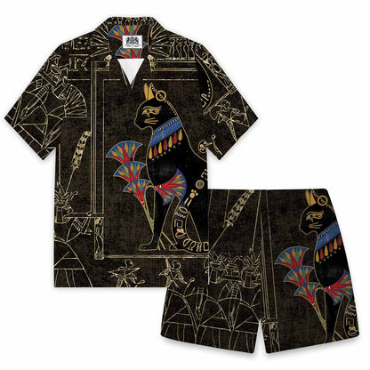 Ancient Egyptian Cat Mysterious Retro Camp Collar Short Sleeve Shirt