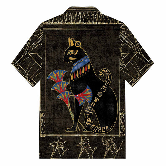Ancient Egyptian Cat Mysterious Retro Camp Collar Short Sleeve Shirt