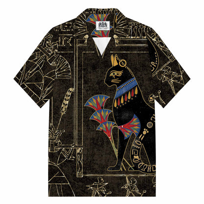 Ancient Egyptian Cat Mysterious Retro Camp Collar Short Sleeve Shirt