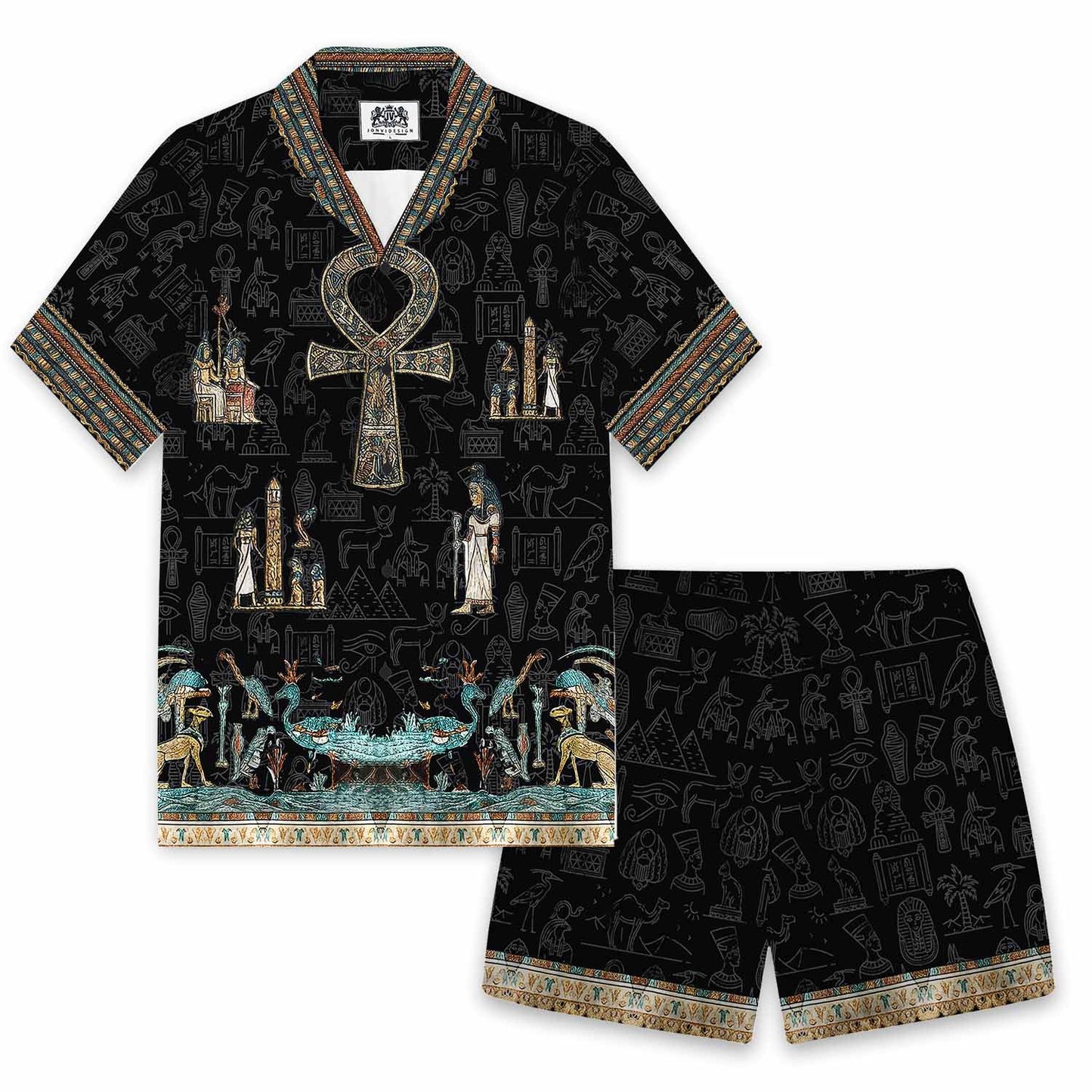 Egyptian Ankh Vintage Silk Military Collar Short-Sleeved Shirt
