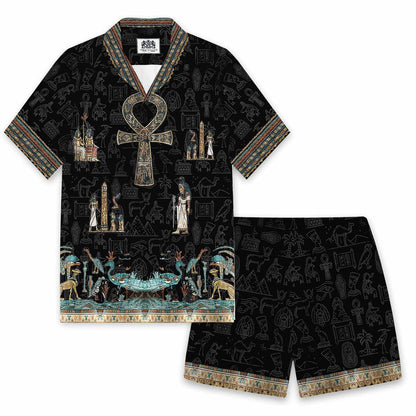 Egyptian Ankh Vintage Silk Military Collar Short-Sleeved Shirt