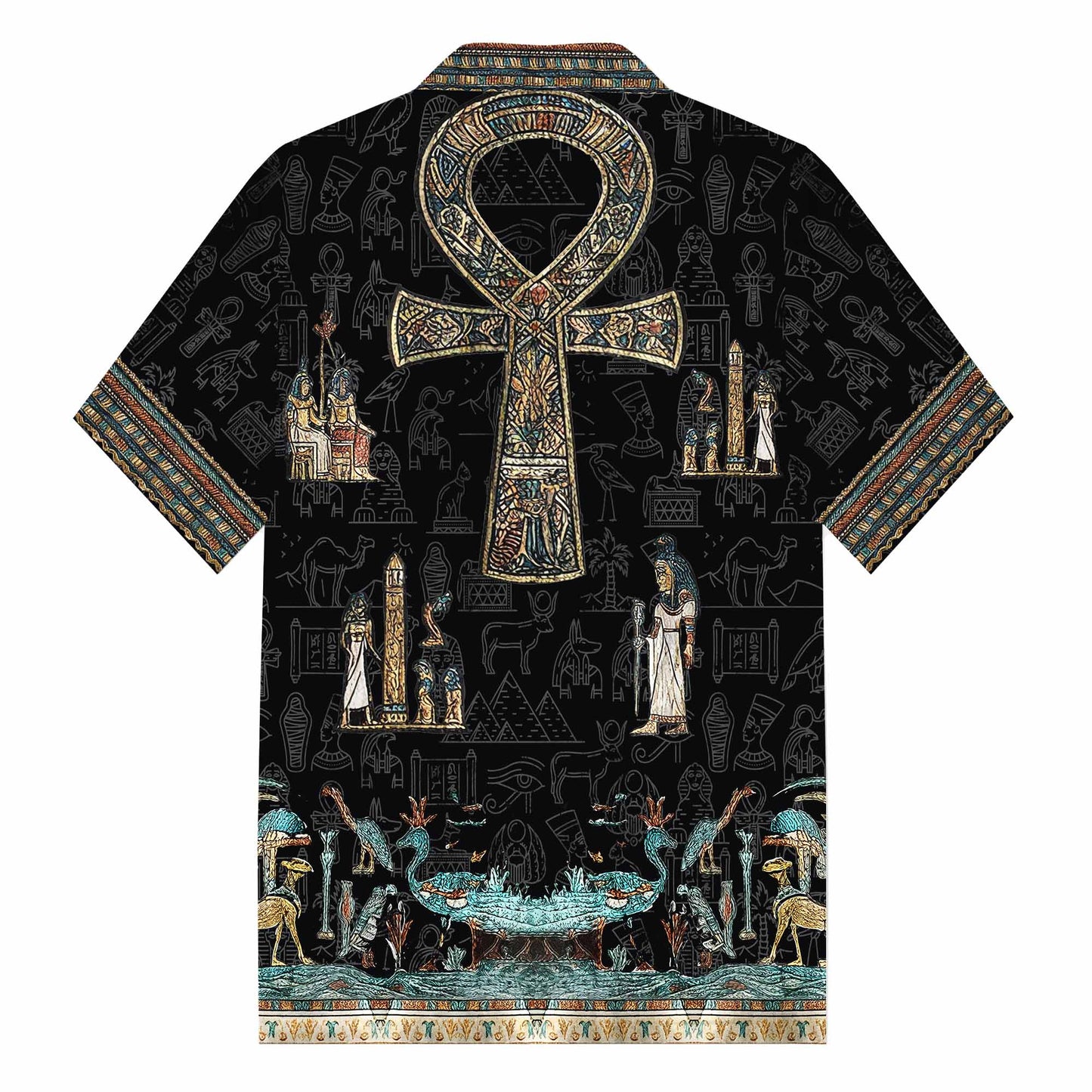 Egyptian Ankh Vintage Silk Military Collar Short-Sleeved Shirt