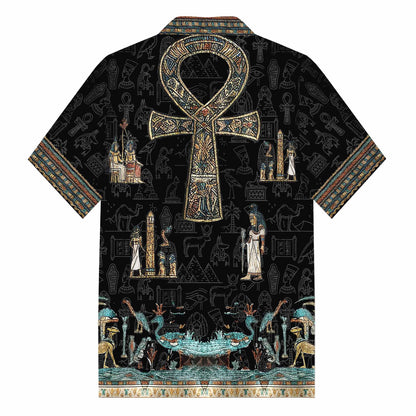Egyptian Ankh Vintage Silk Military Collar Short-Sleeved Shirt