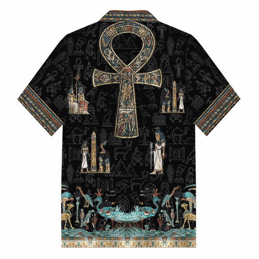 Egyptian Ankh Vintage Silk Military Collar Short-Sleeved Shirt