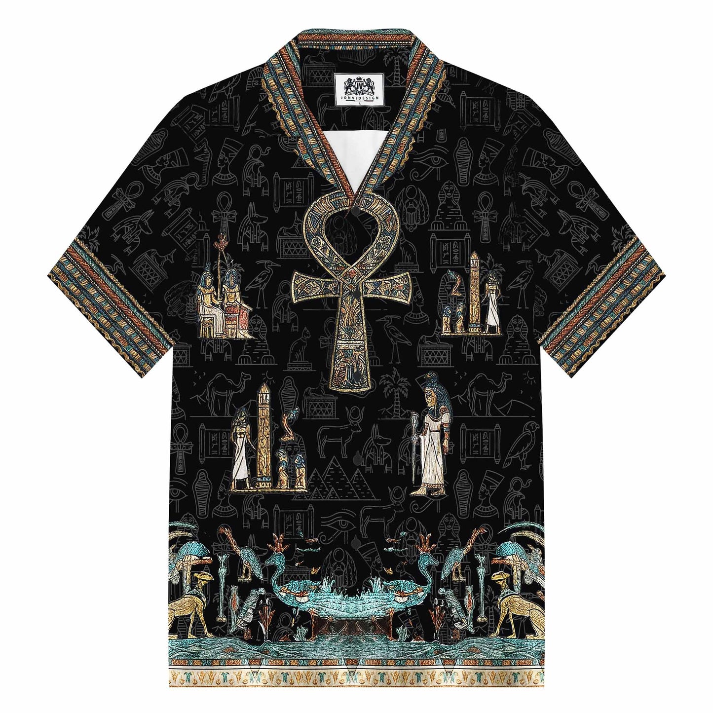 Egyptian Ankh Vintage Silk Military Collar Short-Sleeved Shirt