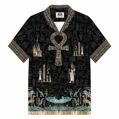Egyptian Ankh Vintage Silk Military Collar Short-Sleeved Shirt