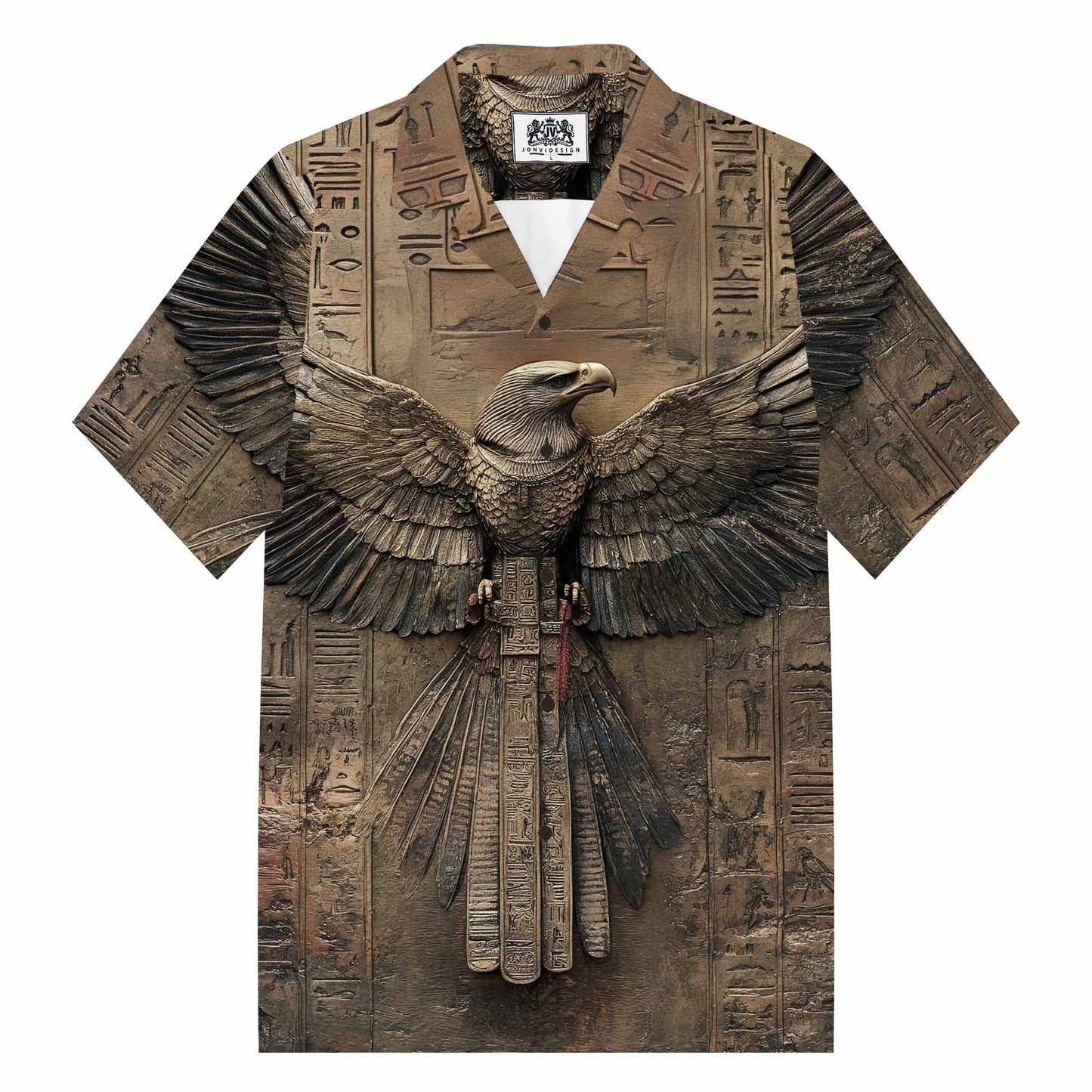 Ancient Egyptian Runes & Eagle Pattern Camp Collar Short-Sleeved Shirt