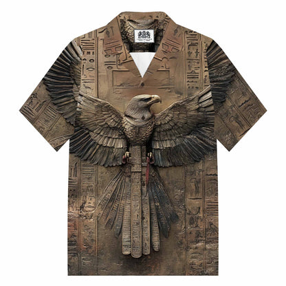 Ancient Egyptian Runes & Eagle Pattern Camp Collar Short-Sleeved Shirt