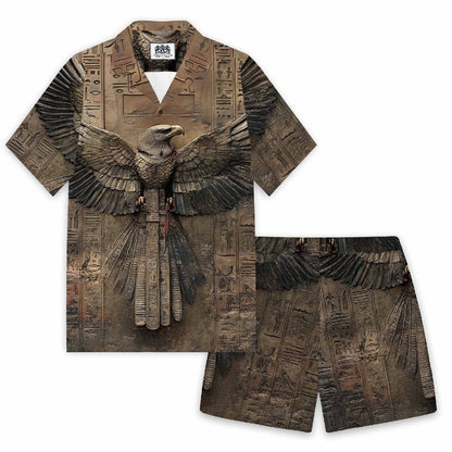 Ancient Egyptian Runes & Eagle Pattern Camp Collar Short-Sleeved Shirt