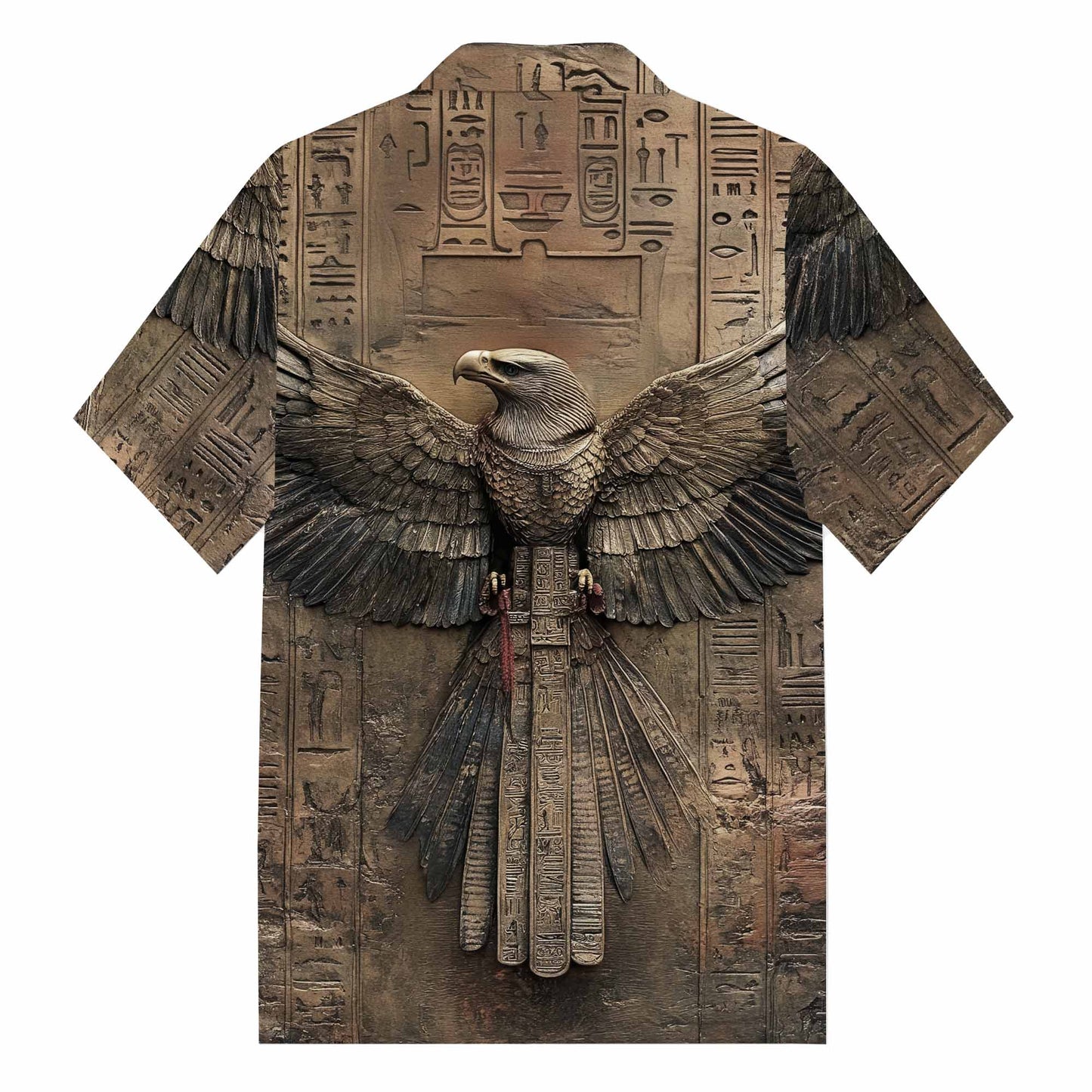 Ancient Egyptian Runes & Eagle Pattern Camp Collar Short-Sleeved Shirt